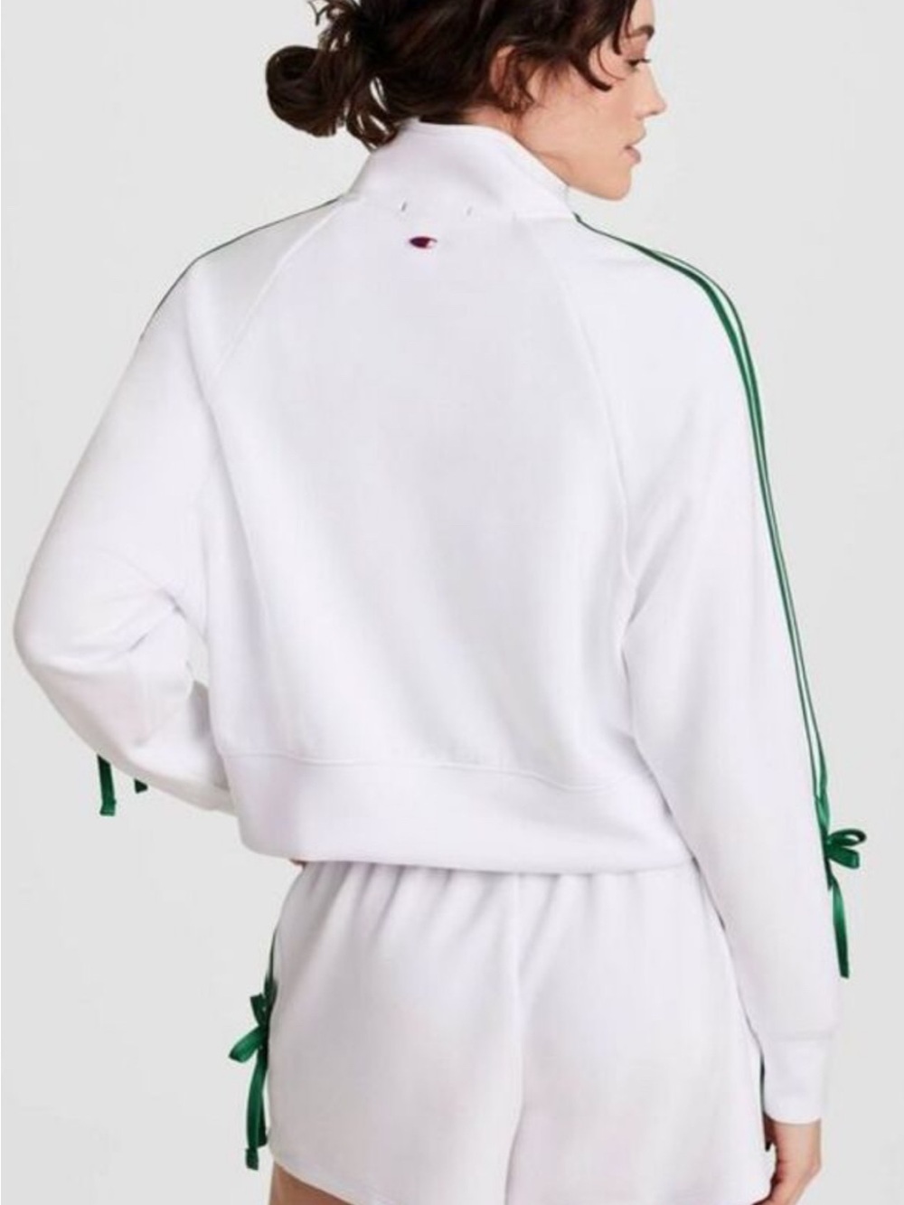 Champion White Cropped Zip Up Hoodie with Green Accents and Bows - Picture 2 of 4